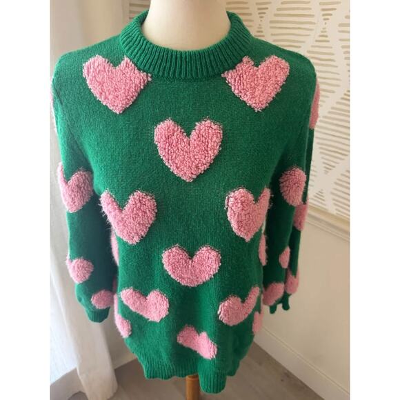 Pink Lily Women’s Small Green and Pink Heart Fuzzy Sweater - Picture 3 of 8